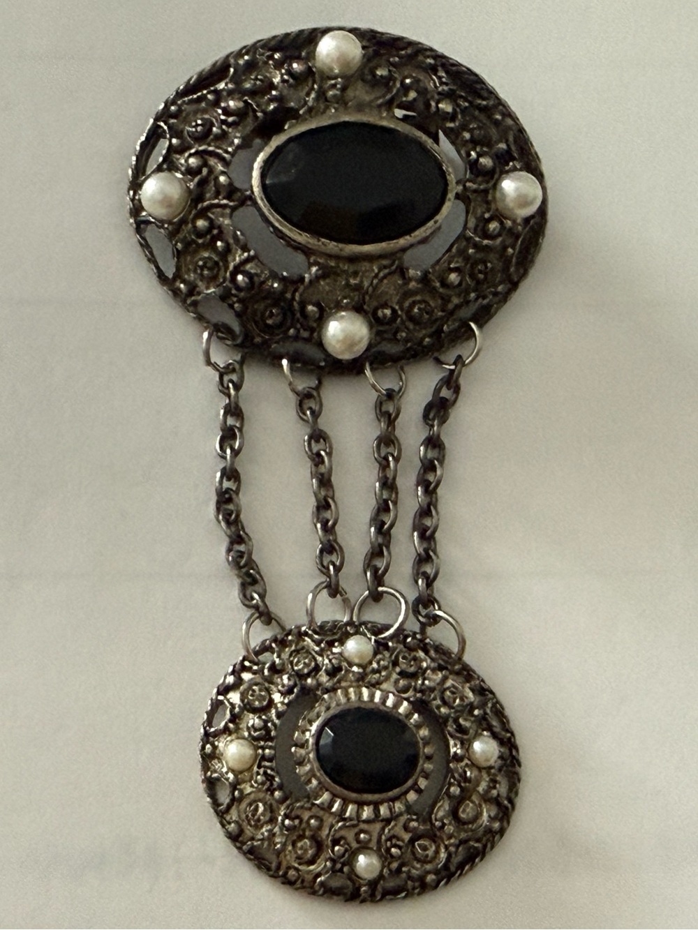Vintage Statement Silvertone Black and Silver Drop Brooch